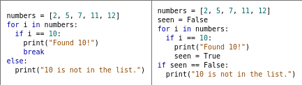 compare loop+break vs loop else